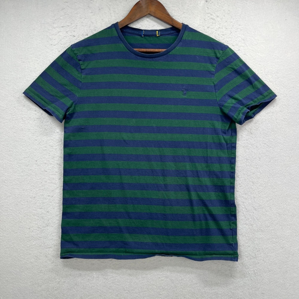Polo Ralph Lauren T Shirt Men S/M Blue Green Striped Pony Crew Neck Rugby Preppy